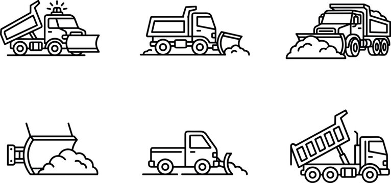 Snow Plow and Winter Service Truck Line Icon Set with Municipal Vehicles, Road Cleaning Equipment, and Outline Vector Collection