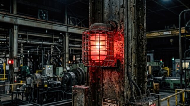 Industrial emergency warning light illuminated red in a dark factory setting signaling potential hazard or system failure