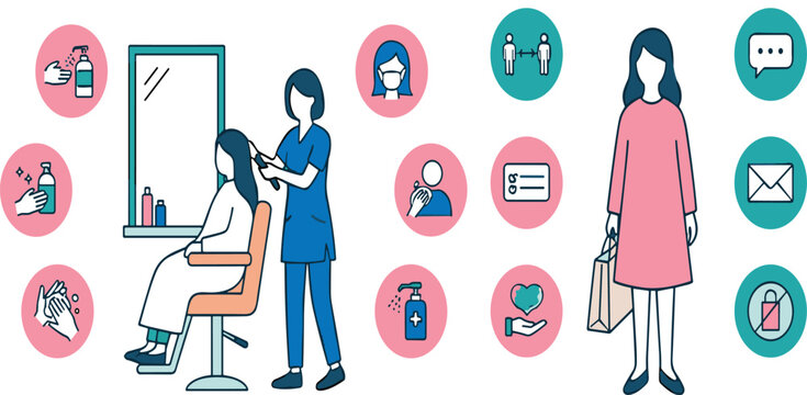 Beauty salon and personal hygiene safety vector illustration with social distancing and sanitization icons
