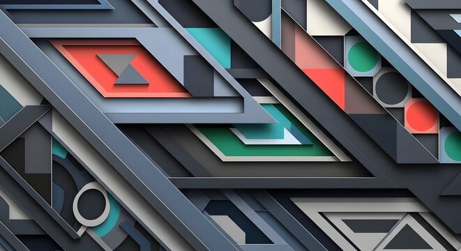 Abstract geometric pattern with 3d layered squares and rectangles in dark gray with colorful red and blue accents