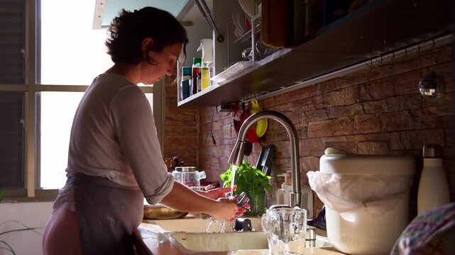 Side view of a mid adult housewife in an apron washing a ceramic dinner plate under a stream of running water in the kitchen sink. Woman doing daily household chores and washing dishes at home