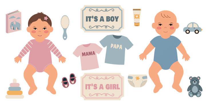 A set of illustrations for a baby shower, whether it's a boy or a girl. Cute, gender-neutral images for invitations, cake decorating, nursery posters, and educational games.