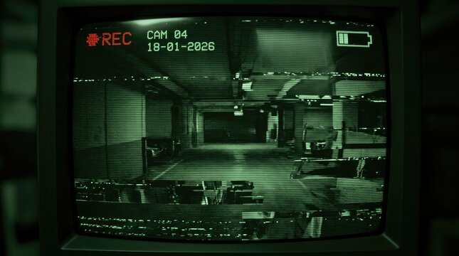 Security camera footage displaying an office space with desks and chairs recorded on january 18 2026