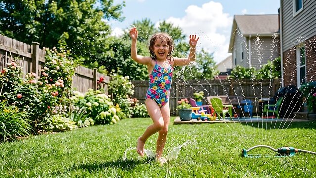 Happy young girl jumping and splashing in water from sprinkler in sunny backyard