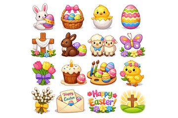 Fototapeta premium Colorful easter icon set with eggs bunny chick lamb flowers and cake