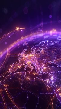 Futuristic digital Earth globe with glowing global network connection lines, big data transfer and cyber security technology over Europe map. 3D concept of worldwide connectivity and globalization