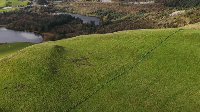 Aerial view of sheep grazing on welsh green hills