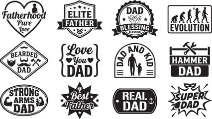 Obraz premium Set of black and white vintage fatherhood emblems and badges with typography text and icons for fathers day celebration design projects isolated on white background, Vector, illustration