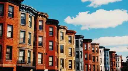 Obraz premium Colourful row houses stand against a bright blue sky with fluffy clouds. These historic brick homes showcase diverse facades and architectural details. A charming urban street scene.