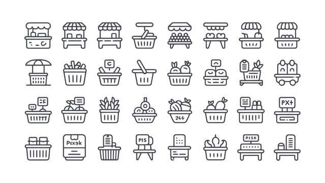 Collection of flat design outline icons representing various market stalls carts and baskets filled with produce symbolizing commerce and food
