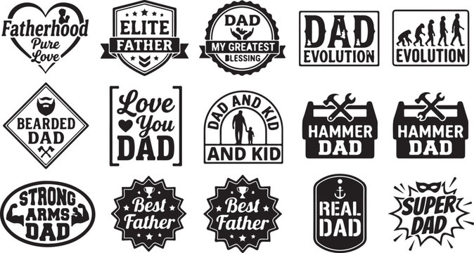 Set of fifteen black and white vintage fatherhood and dad themed typography badges and labels with various slogans and icons for greeting cards isolated on white background, Vector, illustration