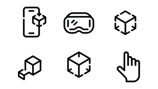 Collection of six black line art icons representing virtual reality technology and 3D object manipulation on a white background