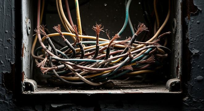 A tangled mess of colorful wires in a dark and worn electrical box