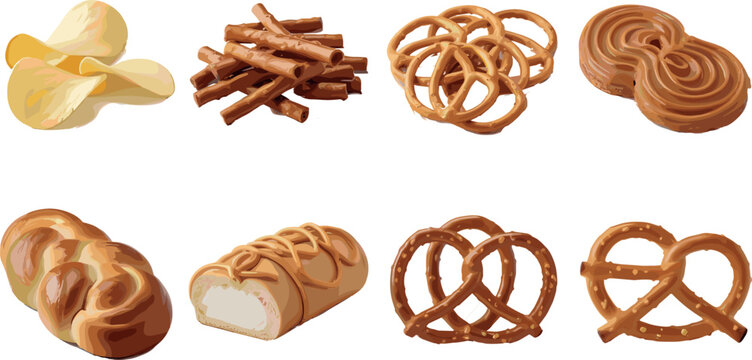 Bakery Snack and Bread Collection with Pretzels Breadsticks Chips and Pastries Realistic Vector Illustration Isolated on White Background