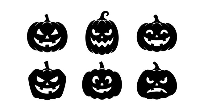 Set of halloween pumpkin silhouettes with various scary and funny faces