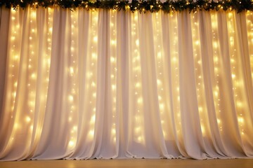 Fototapeta premium White drapes hang with warm fairy lights creating a soft cozy backdrop. Green plants garland tops the setup, perfect for parties or holiday events.