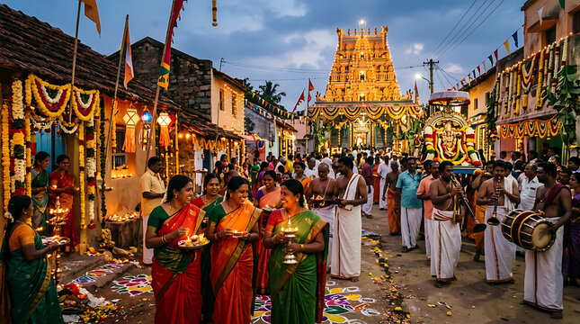 A vibrant Hindu temple festival in a South Indian village, with devotees participating in a procession holding traditional lamps, under an illuminated gopuram at dusk.