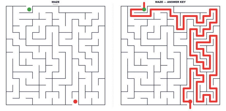 Maze puzzle and solution. Labyrinth game with answer key for problem solving and logic
