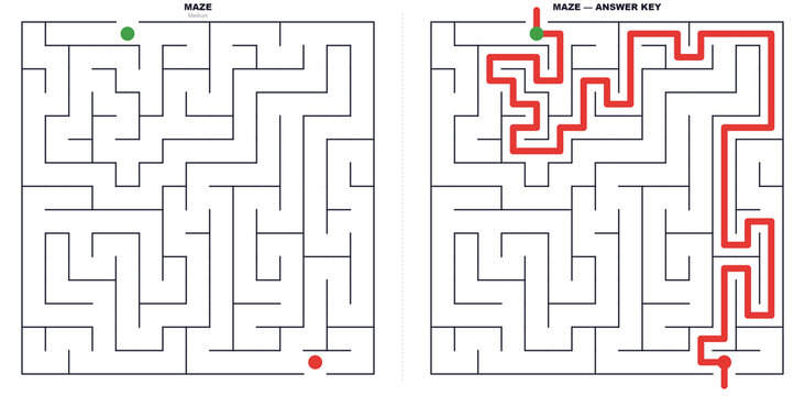 Maze puzzle showing the problem and solution. Labyrinth game with answer key showing the correct path from start to finish. Logic and strategy concept