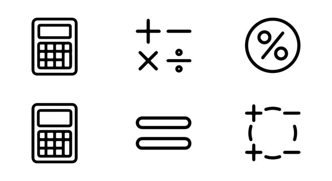 Calculator, math symbols, percentage, equals sign, selection tool