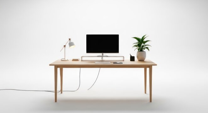 A minimalist workspace setup with a wooden desk, a computer monitor, a desk lamp, a potted plant, and a few office supplies. The desk is clean and organized, with a simple and modern aesthetic.