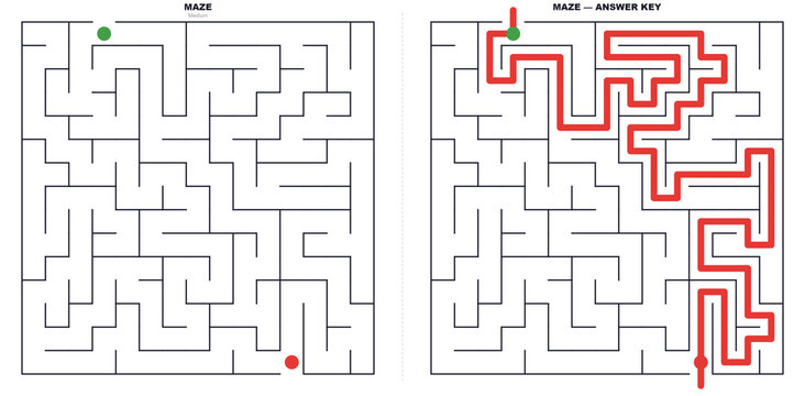 Maze puzzle with solution. Labyrinth showing the problem and the answer key with a red path. Problem solving and strategy concept
