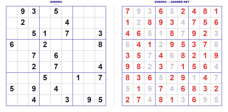 Hard Sudoku puzzle and its answer key side by side. Number logic game with completed solution grid for problem-solving