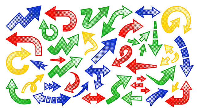 Directional Variety: A vibrant array of diverse arrows in a spectrum of colors, each pointing in a unique direction, symbolizing choices, pathways, and the dynamics of movement. 