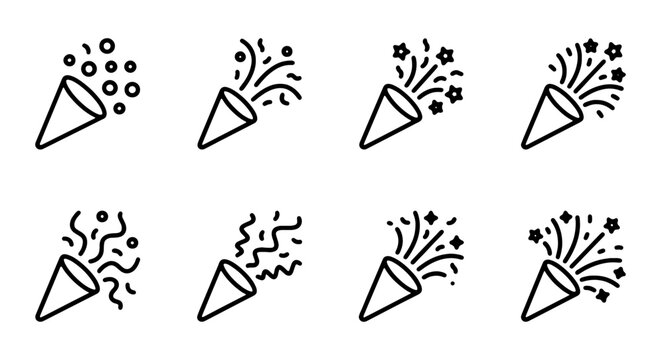 Set of party popper icons, vector illustration of confetti explosion