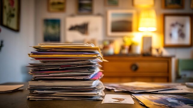 A tall stack of assorted papers and envelopes sits on a desk in front of a blurred of framed art and a lit lamp