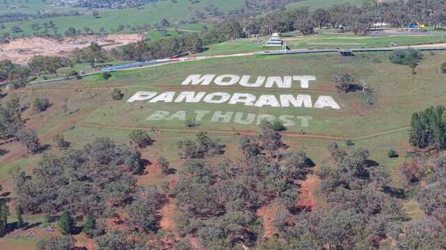Aerial view of Mount Panorama sign and racing circuit in Bathurst NSW