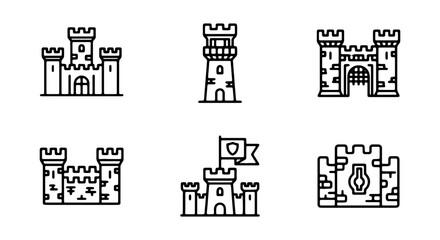 Set of castle and fortress icons, medieval architecture elements © SUFIA