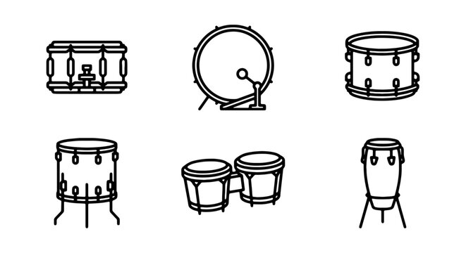 Set of various drums icons, including snare, bass, tom, bongo and conga drums