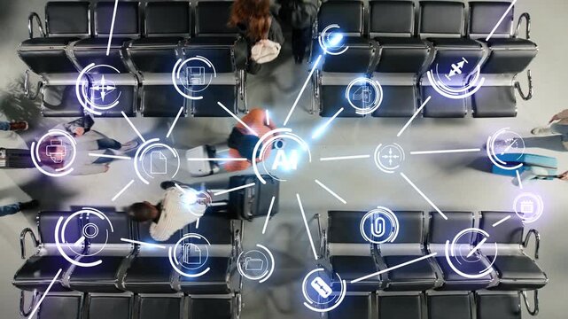 AI model HUD in airport analyzing passenger density and movement patterns to optimize flow. Artificial intelligence data software used for modern airport terminal logistics, VFX compositing