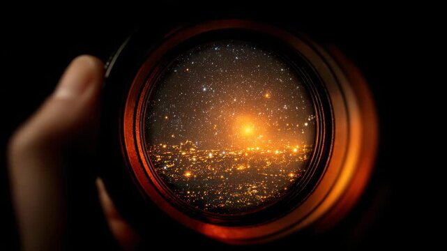 Hand holding miniature universe in circular frame