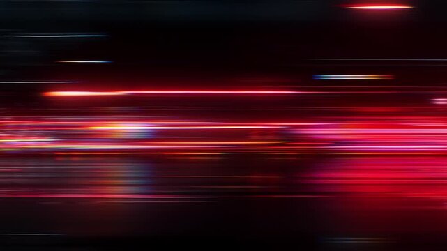 Abstract horizontal red light trails and motion blur, side view futuristic city traffic speed, seamless loop VJ background.