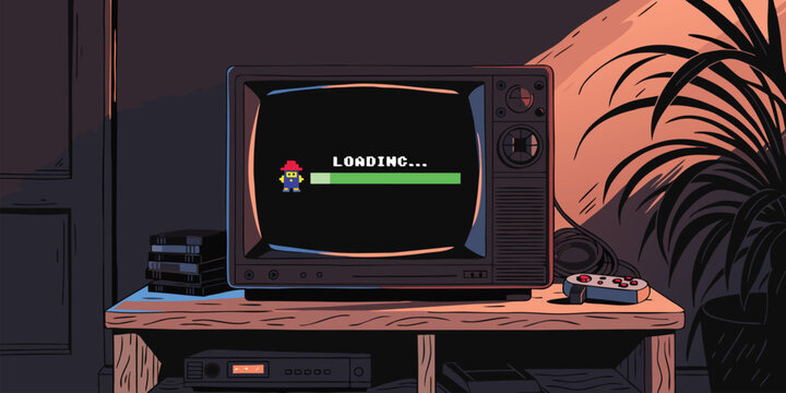 Vintage retro gaming setup with old television showing pixelated game loading screen