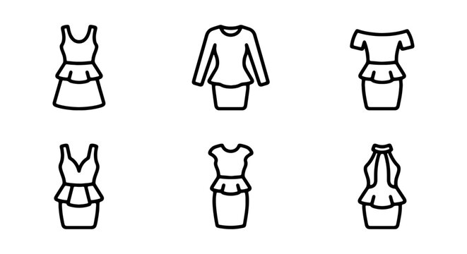 Set of peplum dress icons, fashion clothing collection