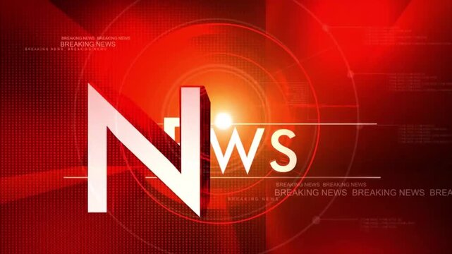 Professional breaking news broadcast intro animation with bold white typography on a dynamic red motion background, 4k high definition digital journalism media footage.