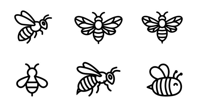 Set of bee icons, simple line art style, honeybee collection