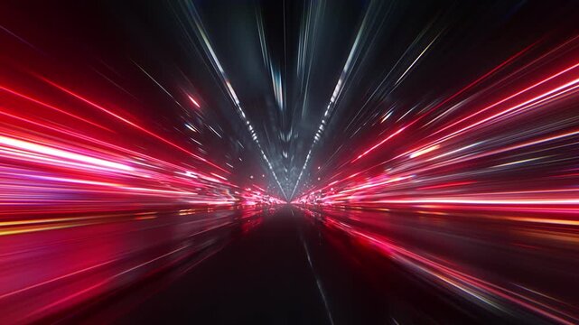 Abstract high speed light trails seamless loop, neon red motion blur background, futuristic technology data transfer, cyberpunk velocity tunnel, glowing streaks, VJ loop, energy fast time-lapse.