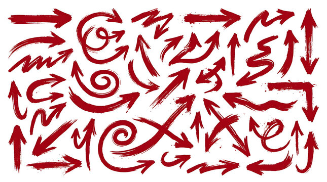 Dynamic Direction: An array of red arrows in various shapes and sizes, each pointing in a different direction, painted with a brushstroke effect.
