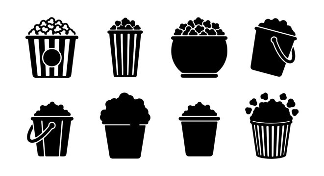 Set of popcorn icons, cinema snack buckets and boxes in various styles