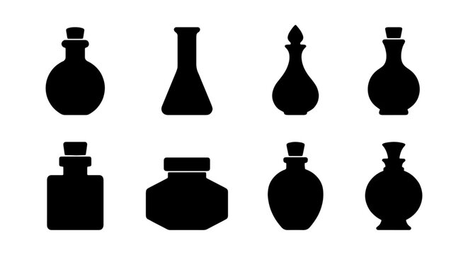 Set of black silhouettes of various glass bottles and jars for potions or chemicals