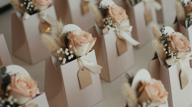Delicate pink proposal boxes hold floral arrangements. Box features pale rose, dried pampas grass, small white flowers tied with satin ribbon, gift tag. Lovely for wedding party gifts thank presents.