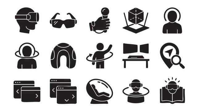 Black icons set, virtual reality, technology and people, 16 vector graphics