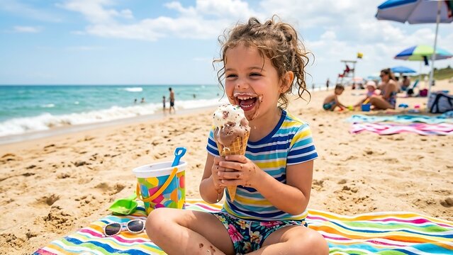Cheerful little girl enjoying ice cream on a beach with toys and ocean, blue sky