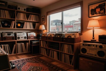 Fototapeta premium Room full of vintage vinyl records and stereo equipment. Wooden shelves display music collection and audio gear. Window view of city buildings. Warm ambient light.