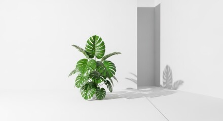 Fototapeta premium A monstera plant with large, glossy leaves stands in a minimalist white room with a gray corner. The plant casts a shadow on the wall, creating a contrast between the green foliage 
