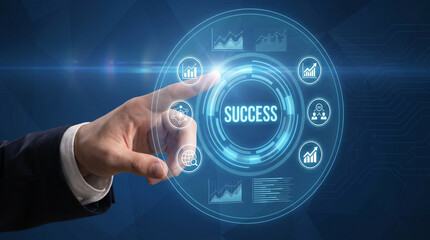 Fototapeta premium Businessman Touching Virtual Screen with Success Concept